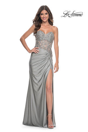 La Femme 32301 prom dress images. La Femme 32301 is available in these colors: Dark Berry, Light Gold, Silver.