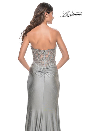 La Femme 32301 prom dress images. La Femme 32301 is available in these colors: Dark Berry, Light Gold, Silver.