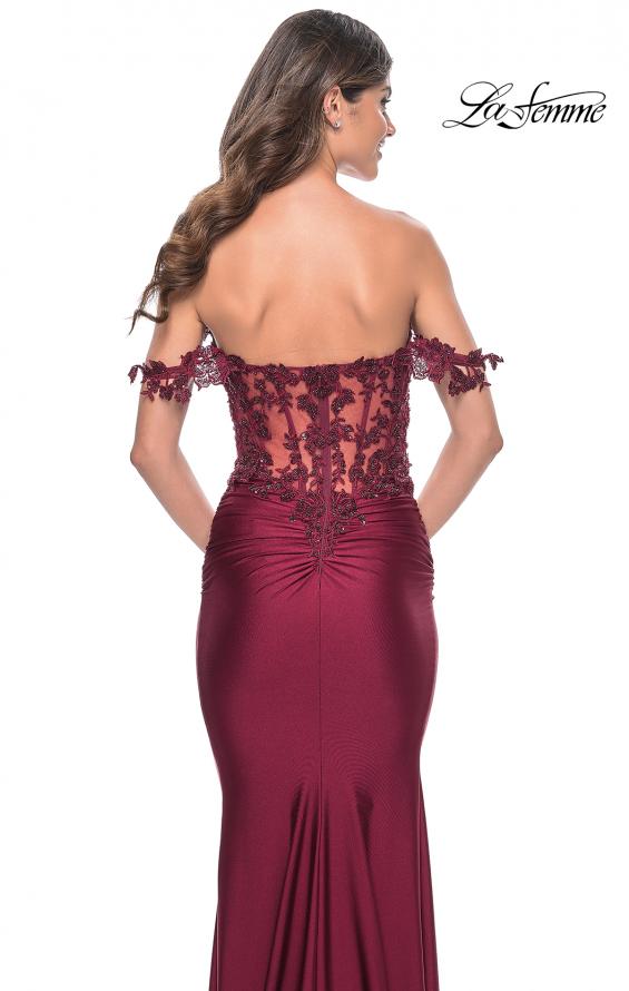La Femme 32302 prom dress images. La Femme 32302 is available in these colors: Dark Berry, Dark Emerald, Royal Blue, Royal Purple.