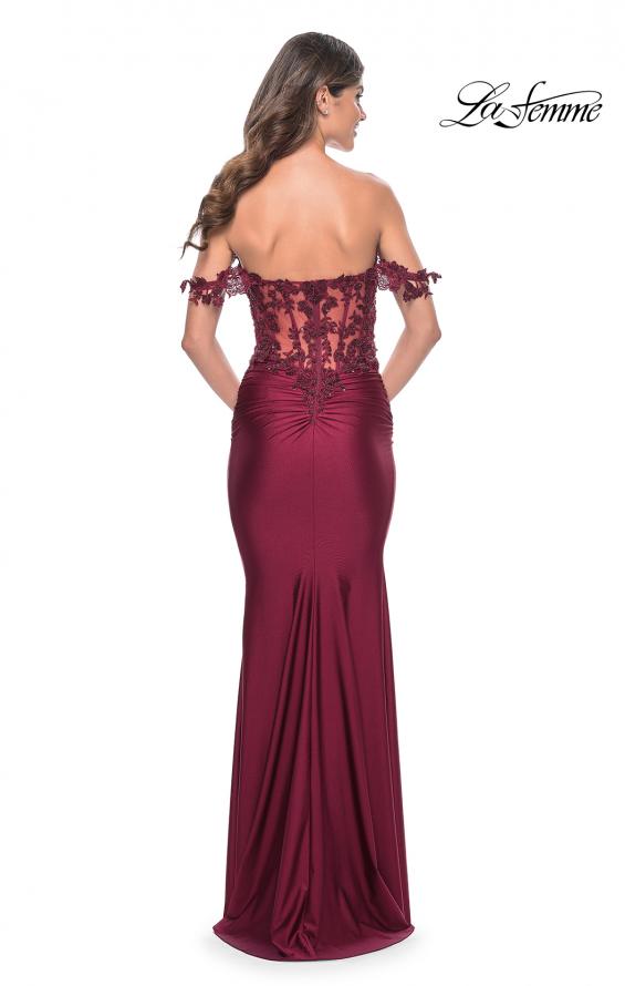 La Femme 32302 prom dress images. La Femme 32302 is available in these colors: Dark Berry, Dark Emerald, Royal Blue, Royal Purple.