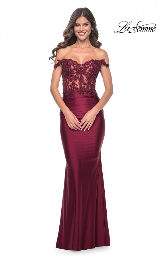 La Femme 32302 prom dress images. La Femme 32302 is available in these colors: Dark Berry, Dark Emerald, Royal Blue, Royal Purple.
