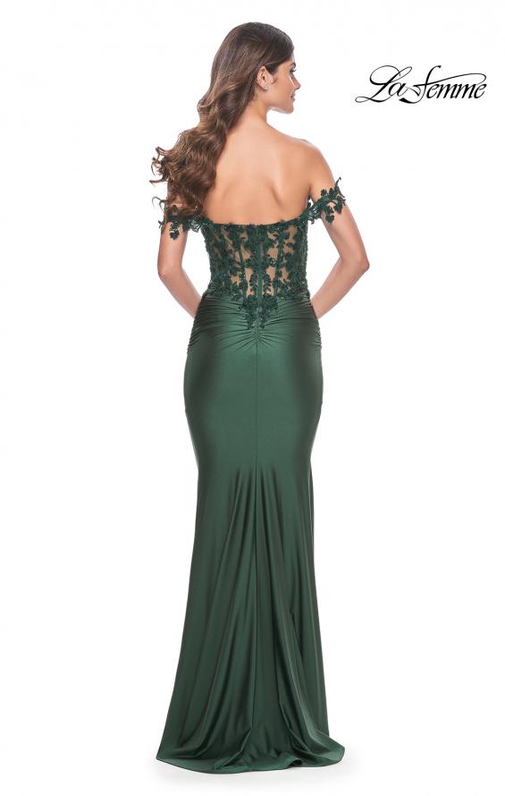La Femme 32302 prom dress images. La Femme 32302 is available in these colors: Dark Berry, Dark Emerald, Royal Blue, Royal Purple.