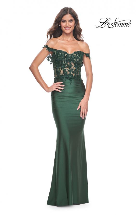 La Femme 32302 prom dress images. La Femme 32302 is available in these colors: Dark Berry, Dark Emerald, Royal Blue, Royal Purple.