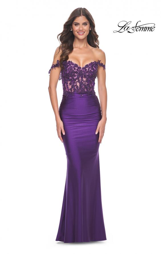 La Femme 32302 prom dress images. La Femme 32302 is available in these colors: Dark Berry, Dark Emerald, Royal Blue, Royal Purple.