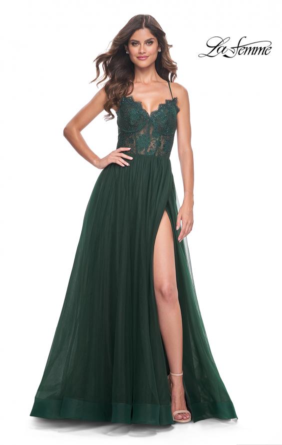 La Femme 32306 prom dress images. La Femme 32306 is available in these colors: Dark Emerald, Neon Pink, Pale Yellow.