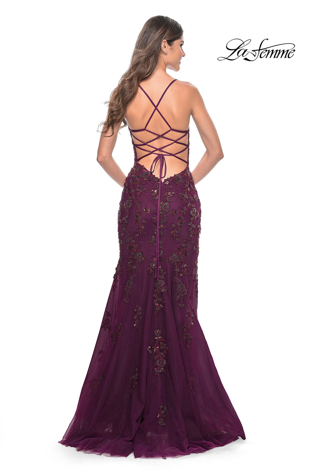 La Femme 32307 prom dress images. La Femme 32307 is available in these colors: Dark Berry, Dark Emerald.