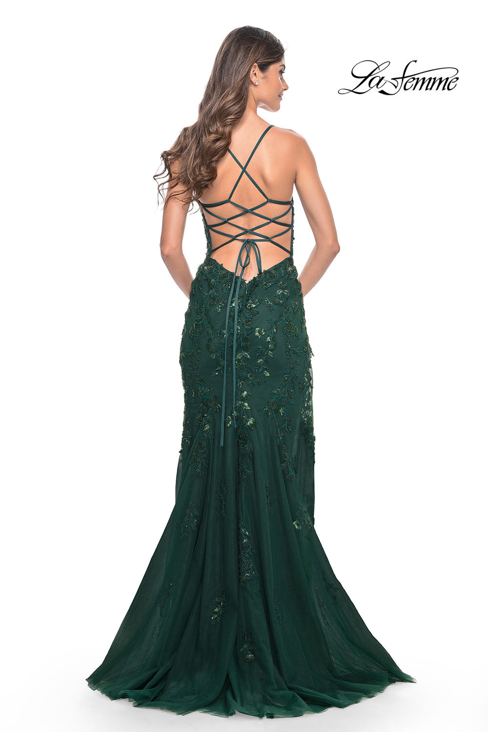 La Femme 32307 prom dress images. La Femme 32307 is available in these colors: Dark Berry, Dark Emerald.