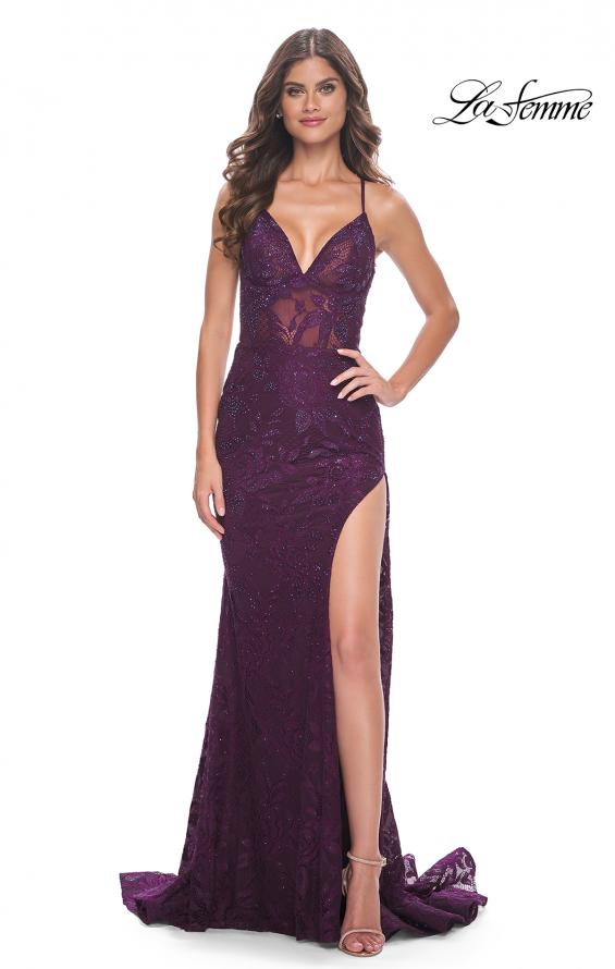 La Femme 32308 prom dress images. La Femme 32308 is available in these colors: Dark Berry, Jade.