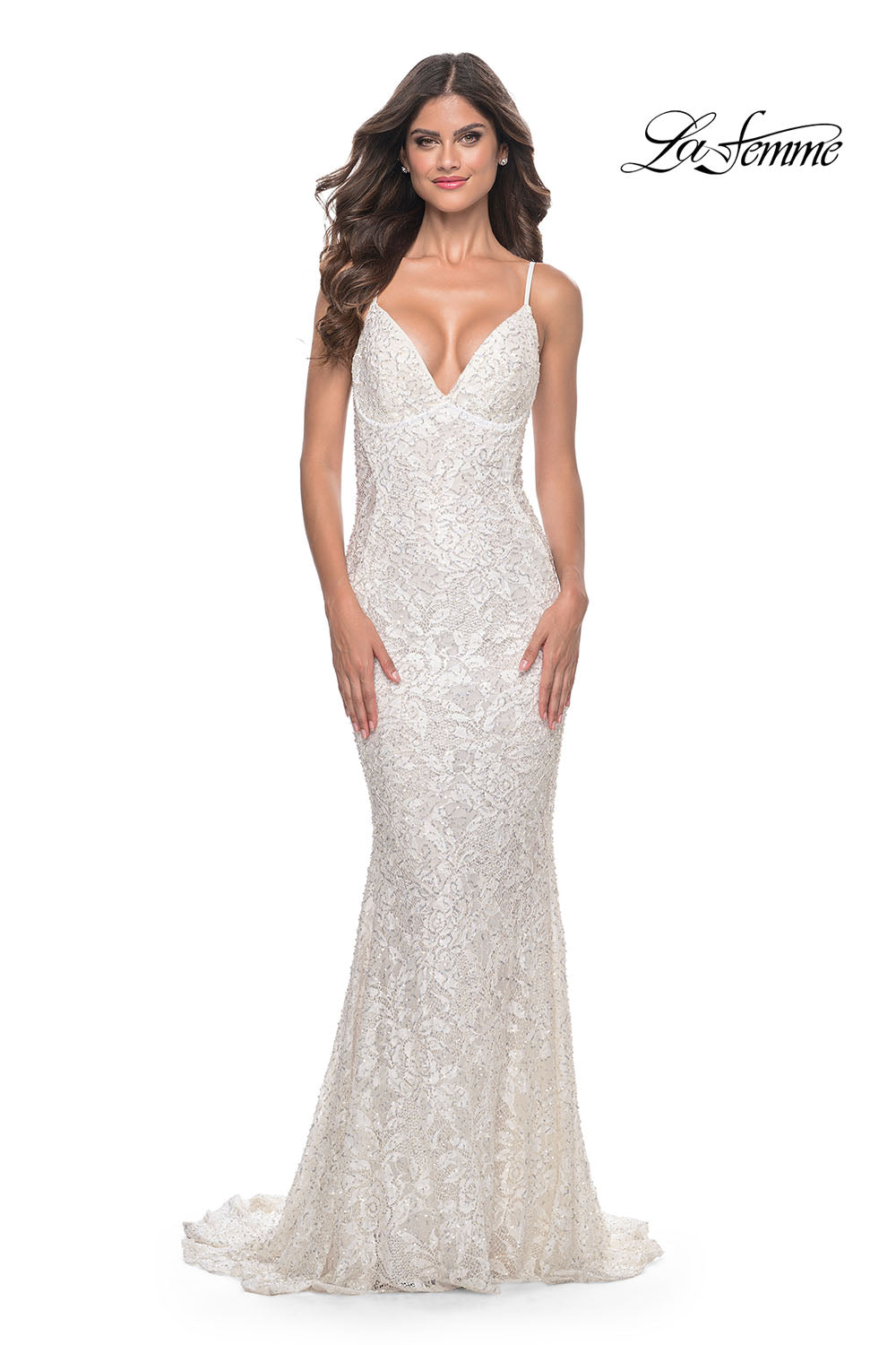 La Femme 32309 prom dress images. La Femme 32309 is available in these colors: Dark Emerald, Royal Blue, White.