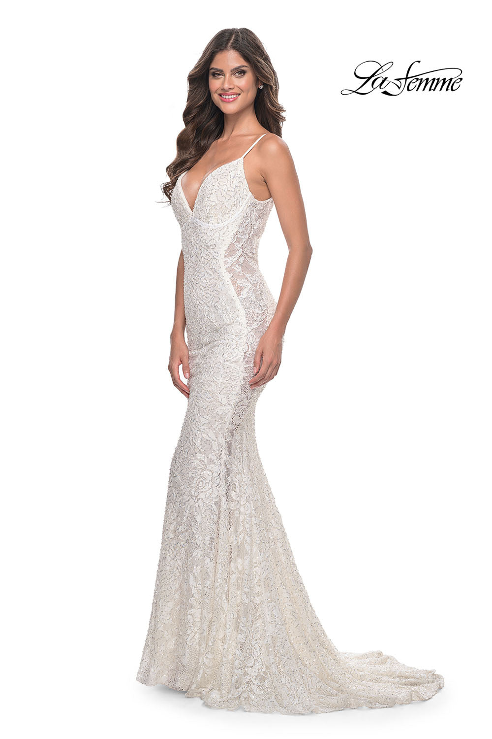 La Femme 32309 prom dress images. La Femme 32309 is available in these colors: Dark Emerald, Royal Blue, White.