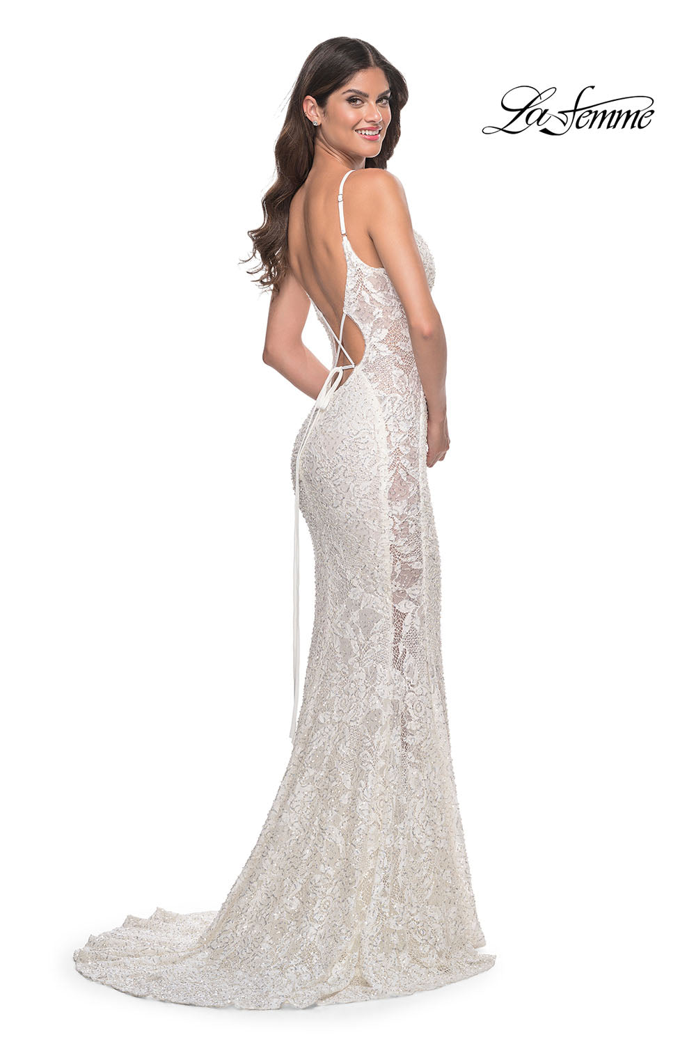 La Femme 32309 prom dress images. La Femme 32309 is available in these colors: Dark Emerald, Royal Blue, White.
