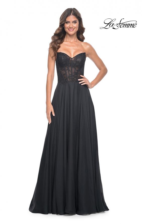 La Femme 32311 prom dress images. La Femme 32311 is available in these colors: Black, Dark Emerald, Royal Blue.