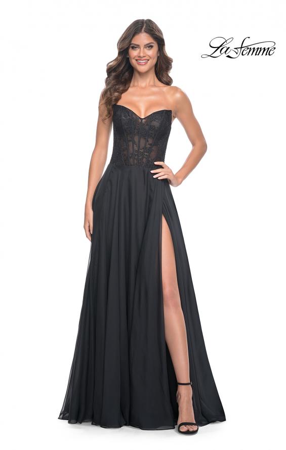 La Femme 32311 prom dress images. La Femme 32311 is available in these colors: Black, Dark Emerald, Royal Blue.