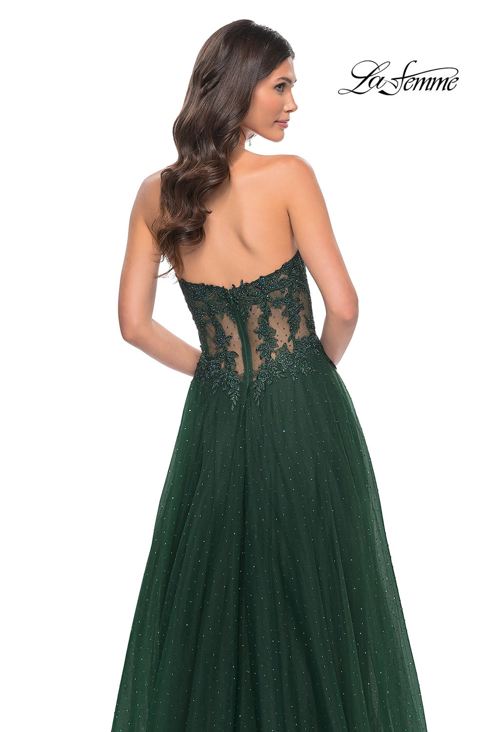 La Femme 32313 prom dress images. La Femme 32313 is available in these colors: Black, Dark Berry, Dark Emerald, Royal Blue.