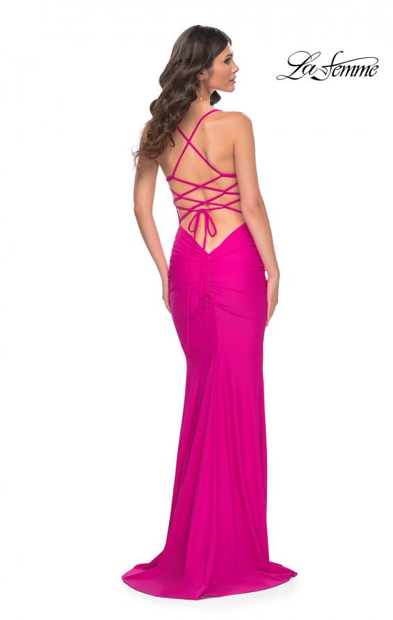 La Femme 32320 prom dress images.  La Femme 32320 is available in these colors: Aqua, Cloud Blue, Hot Fuchsia, Nude, Periwinkle.