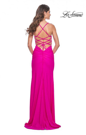 La Femme 32321 prom dress images.  La Femme 32321 is available in these colors: Bright Green, Bright Orange, Hot Fuchsia.