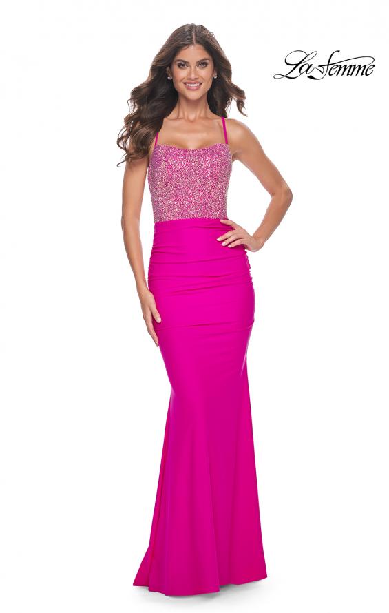 La Femme 32325 prom dress images. La Femme 32325 is available in these colors: Bright Orange, Hot Fuchsia.