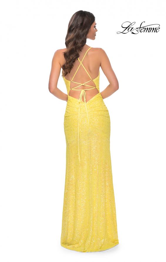 La Femme 32330 prom dress images. La Femme 32330 is available in these colors: Purple, Yellow.