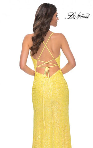 La Femme 32330 prom dress images.  La Femme 32330 is available in these colors: Purple, Yellow.