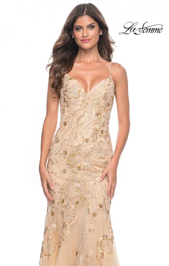 La Femme 32333 prom dress images. La Femme 32333 is available in these colors: Champagne, Coral, Lavender.