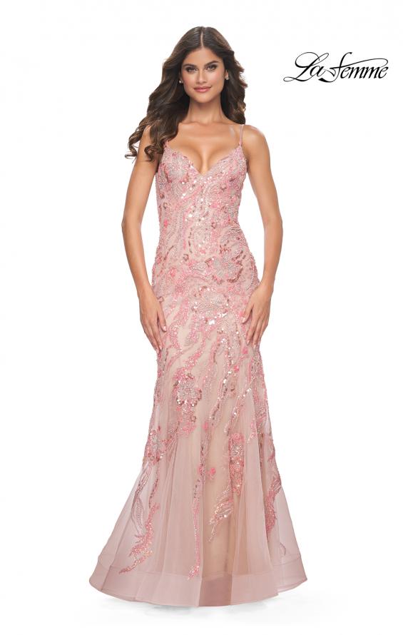 La Femme 32333 prom dress images. La Femme 32333 is available in these colors: Champagne, Coral, Lavender.