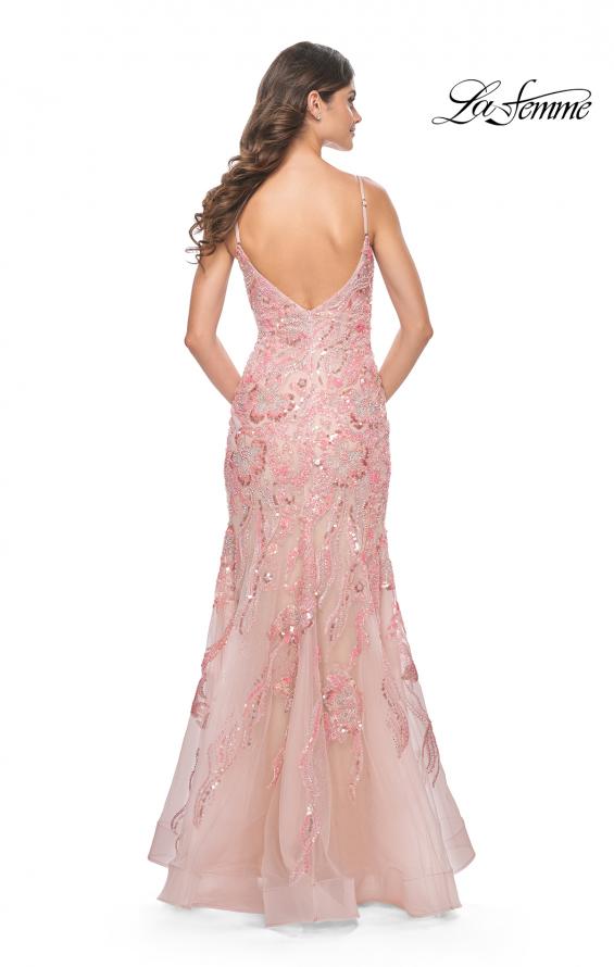 La Femme 32333 prom dress images. La Femme 32333 is available in these colors: Champagne, Coral, Lavender.