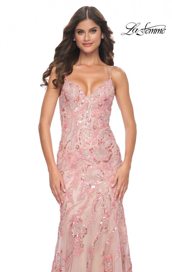 La Femme 32333 prom dress images. La Femme 32333 is available in these colors: Champagne, Coral, Lavender.
