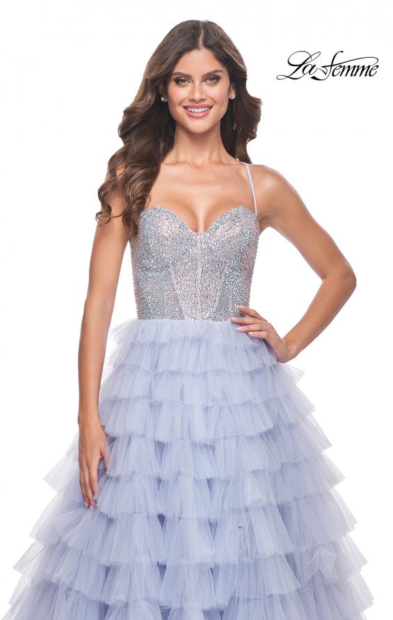 La Femme 32335 prom dress images. La Femme 32335 is available in these colors: Light Periwinkle, Neon Pink.