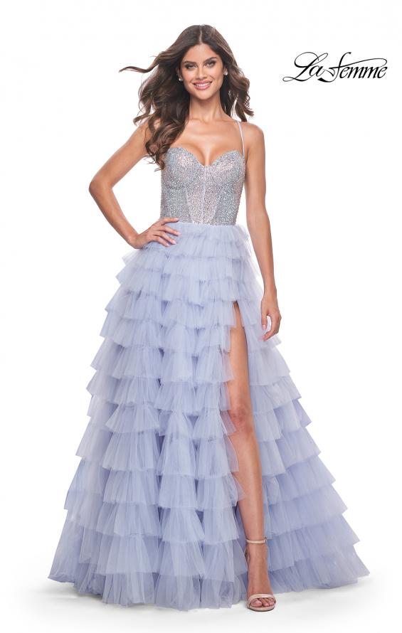 La Femme 32335 prom dress images. La Femme 32335 is available in these colors: Light Periwinkle, Neon Pink.