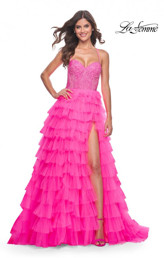 La Femme 32335 prom dress images. La Femme 32335 is available in these colors: Light Periwinkle, Neon Pink.