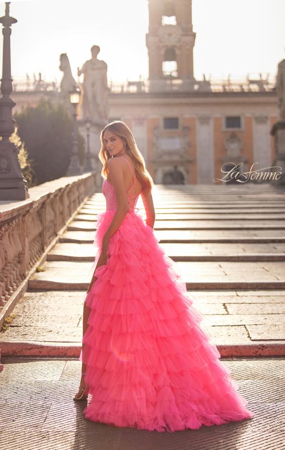 La Femme 32335 prom dress images. La Femme 32335 is available in these colors: Light Periwinkle, Neon Pink.