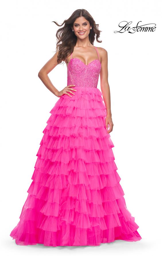 La Femme 32335 prom dress images. La Femme 32335 is available in these colors: Light Periwinkle, Neon Pink.