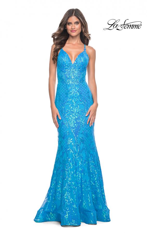 La Femme 32337 prom dress images. La Femme 32337 is available in these colors: Aqua, Lavender, Neon Pink.