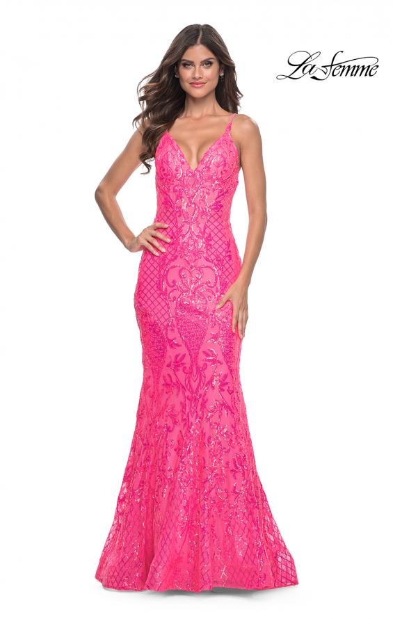 La Femme 32337 prom dress images. La Femme 32337 is available in these colors: Aqua, Lavender, Neon Pink.