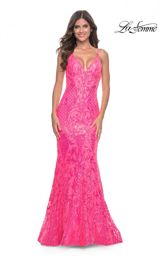 La Femme 32337 prom dress images. La Femme 32337 is available in these colors: Aqua, Lavender, Neon Pink.