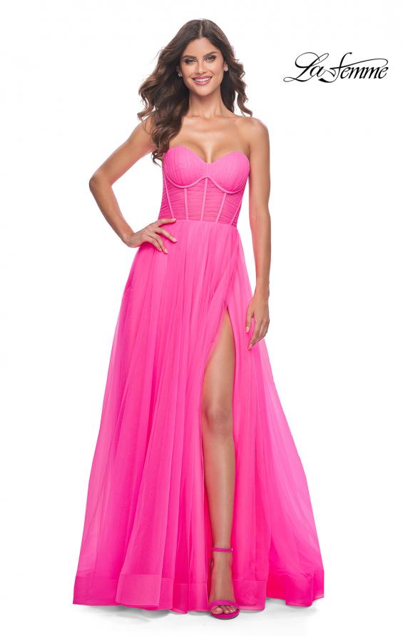La Femme 32341 prom dress images. La Femme 32341 is available in these colors: Neon Pink.