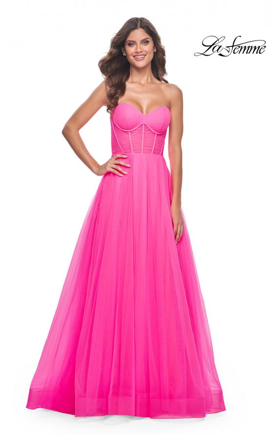 La Femme 32341 prom dress images. La Femme 32341 is available in these colors: Neon Pink.