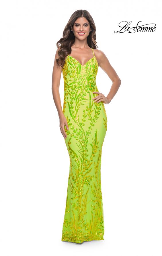 La Femme 32343 prom dress images. La Femme 32343 is available in these colors: Bright Green, Orange.