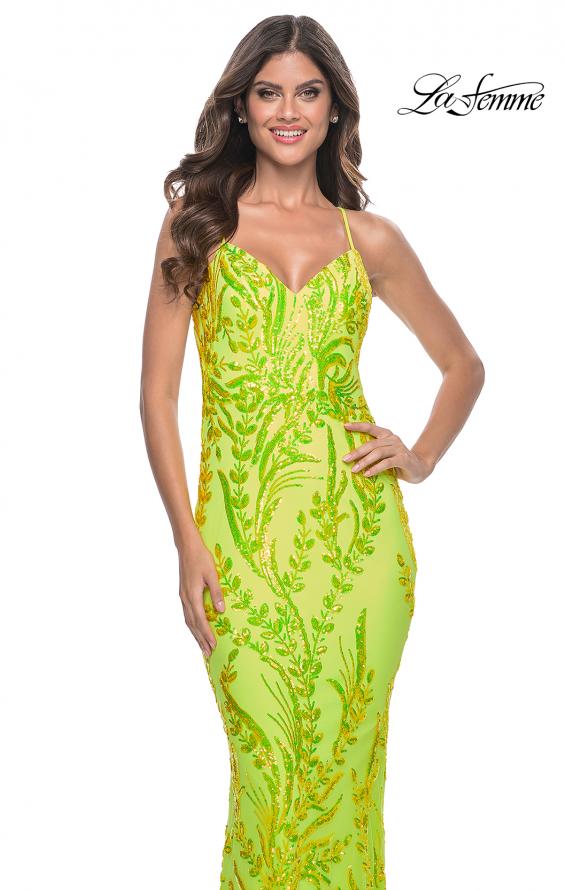 La Femme 32343 prom dress images. La Femme 32343 is available in these colors: Bright Green, Orange.