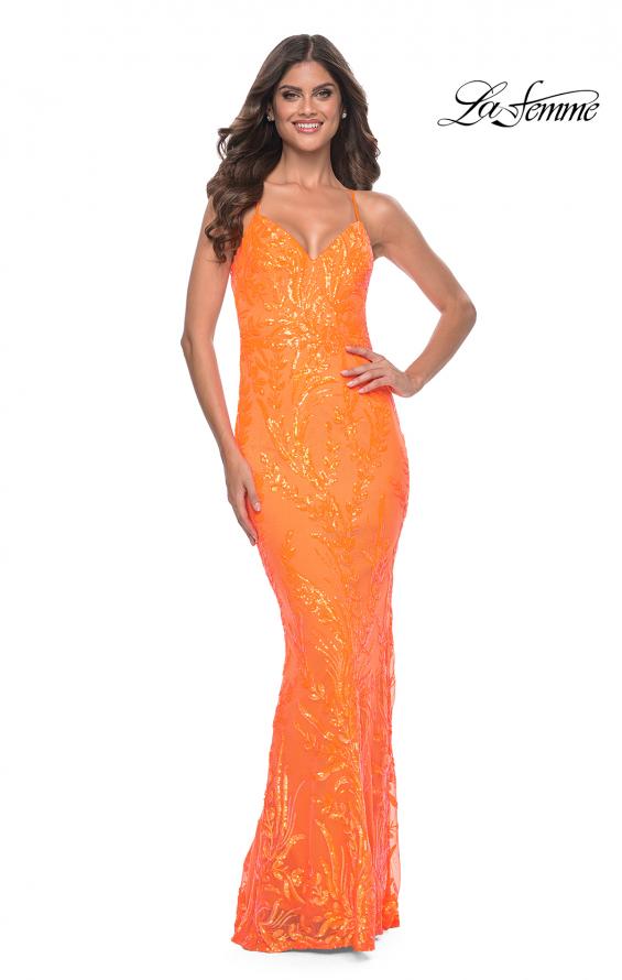 La Femme 32343 prom dress images. La Femme 32343 is available in these colors: Bright Green, Orange.