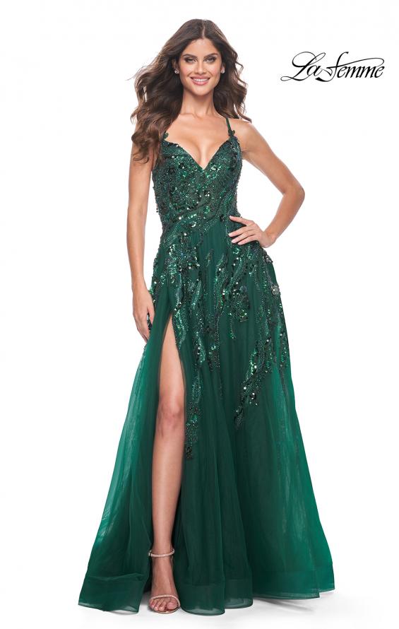 La Femme 32346 prom dress images. La Femme 32346 is available in these colors: Emerald, Navy.