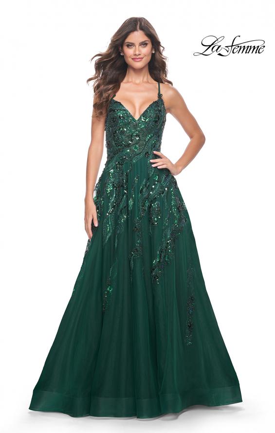La Femme 32346 prom dress images. La Femme 32346 is available in these colors: Emerald, Navy.