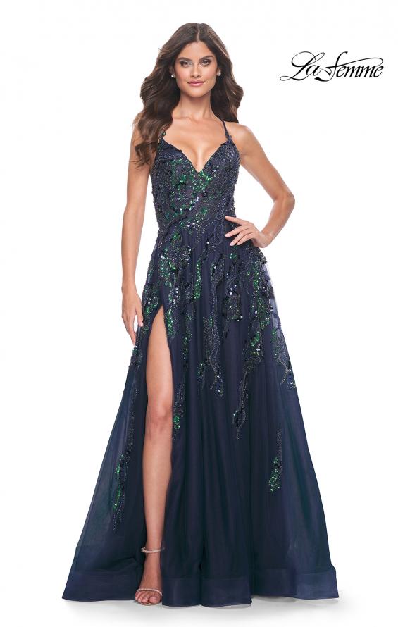 La Femme 32346 prom dress images. La Femme 32346 is available in these colors: Emerald, Navy.