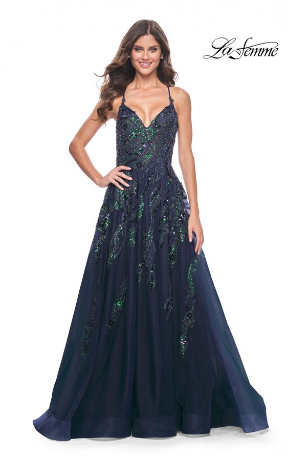 La Femme 32346 prom dress images. La Femme 32346 is available in these colors: Emerald, Navy.