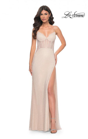 La Femme 32408 prom dress images.  La Femme 32408 is available in these colors: Champagne, Sage.