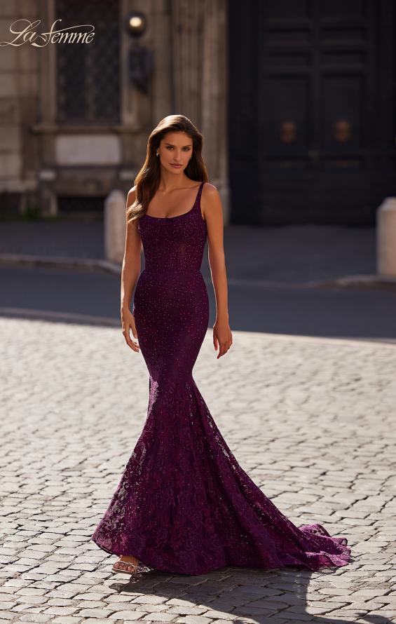 La Femme 32420 prom dress images. La Femme 32420 is available in these colors: Dark Berry, Royal Blue.