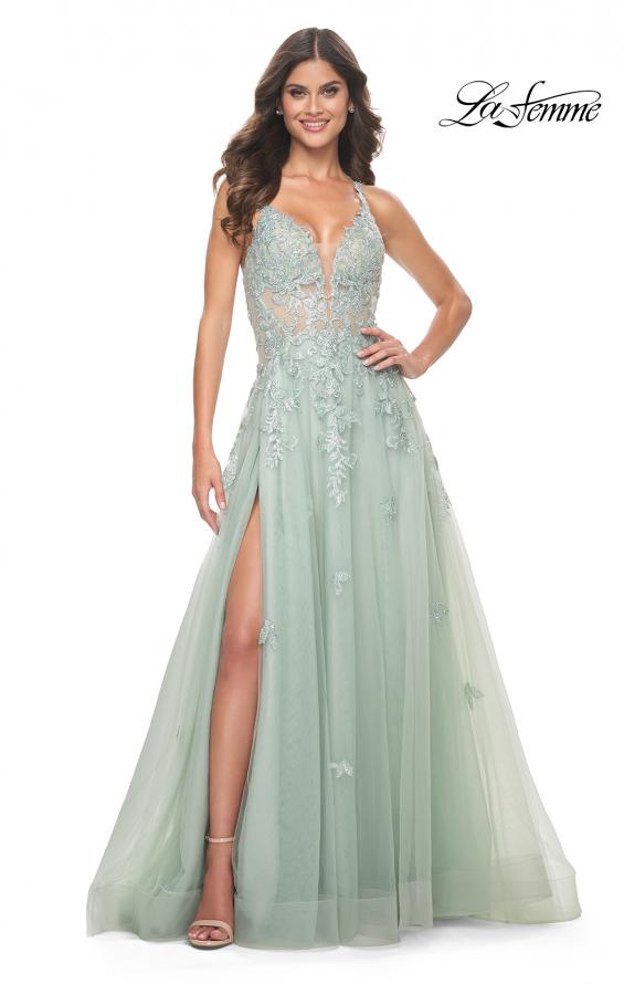 La Femme 32438 prom dress images. La Femme 32438 is available in these colors: Light Blue, Sage.