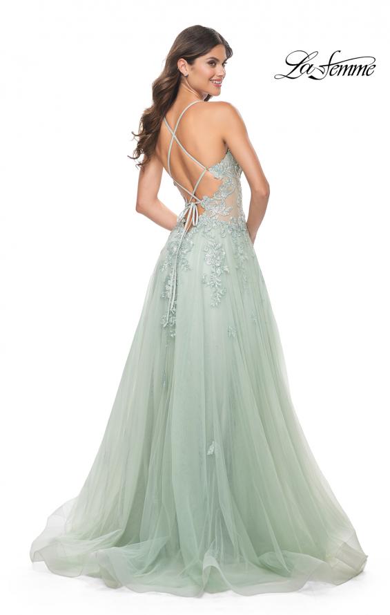 La Femme 32438 prom dress images. La Femme 32438 is available in these colors: Light Blue, Sage.