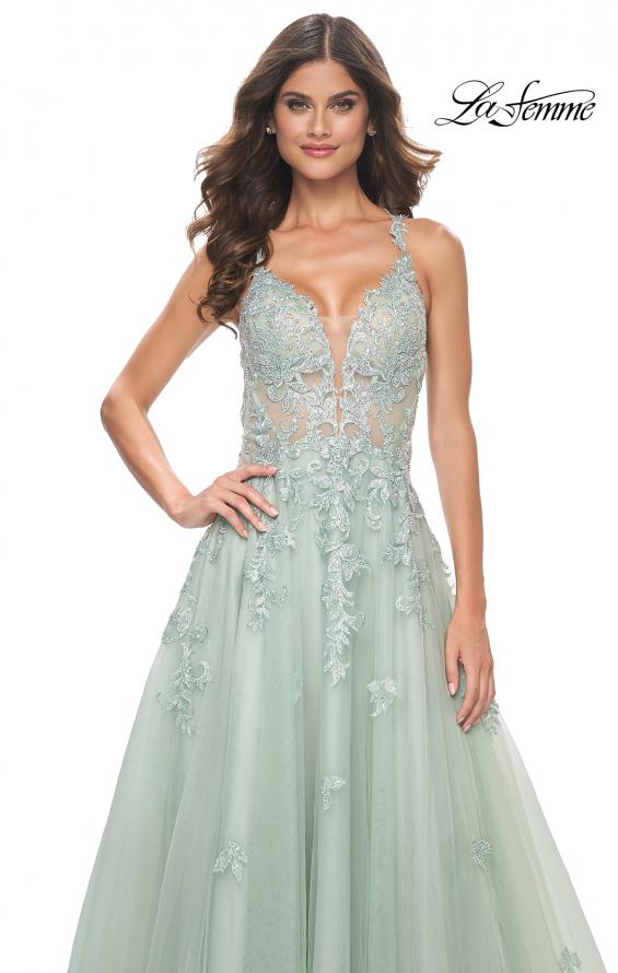 La Femme 32438 prom dress images. La Femme 32438 is available in these colors: Light Blue, Sage.