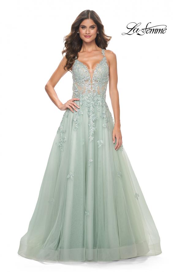 La Femme 32438 prom dress images. La Femme 32438 is available in these colors: Light Blue, Sage.